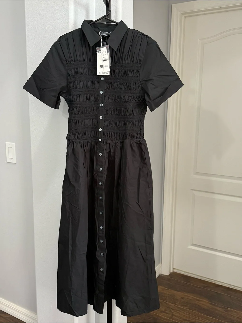 NWT $168 J. Crew Elsie Shirt Dress Cotton Poplin Black Size Small Midi Smocked